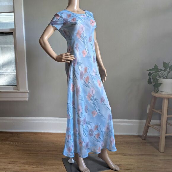 Vintage Y2K Express Blue Maxi Dress Semi Sheer Overlay Floral Fairycore Size 3-4 - Picture 9 of 11